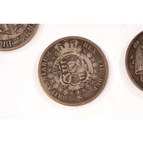 383 - UK milled silver coins Geo III - William IV, comprising two Geo III crowns 1819 Lix & 1820 LX, two h... 