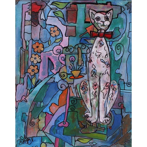 41 - † Sally Vaughan, Cat in an interior, signed Sally V., acrylic on canvas, unframed, 60 x 60 cm, anoth... 