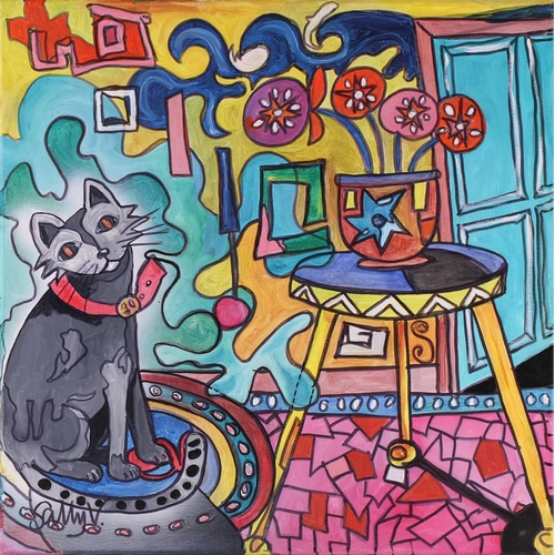 41 - † Sally Vaughan, Cat in an interior, signed Sally V., acrylic on canvas, unframed, 60 x 60 cm, anoth... 