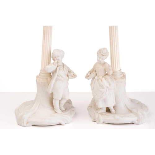 435 - A pair of Continental white glazed porcelain figural table lamps one with a young gentleman and one ... 