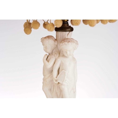 435 - A pair of Continental white glazed porcelain figural table lamps one with a young gentleman and one ... 