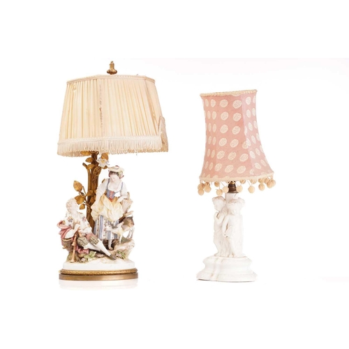 435 - A pair of Continental white glazed porcelain figural table lamps one with a young gentleman and one ... 