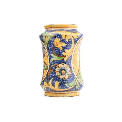 436 - An Albarello dry drug jar, of waisted form, with figural yellow panels within floral scroll borders ... 