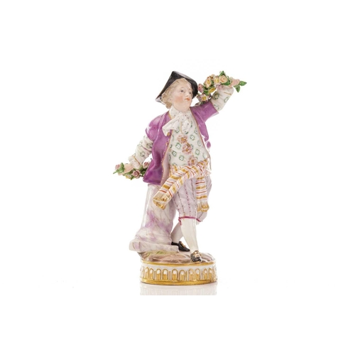 437 - A pair of Meissen figures dressed in purple, the man holding a garland of flowers, both with impress... 