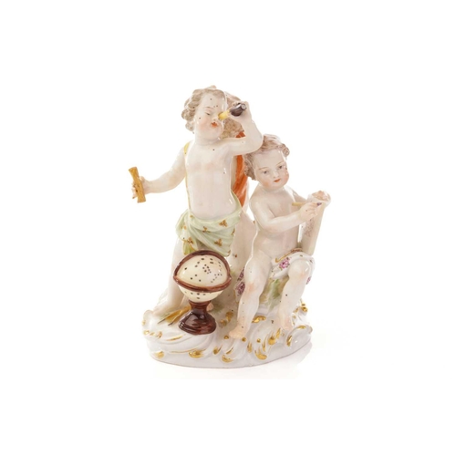 441 - Five Meissen figures, including a group of putti depicting astronomy, 12 cm high, another group arou... 