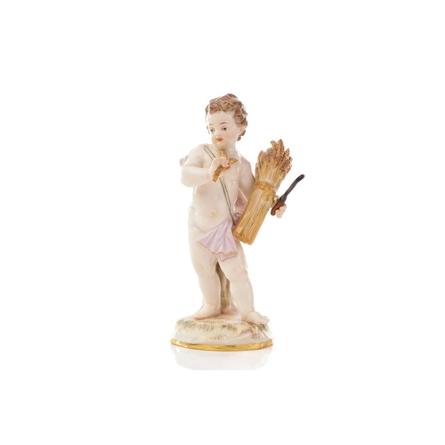 450 - Four Meissen figures, including one of two putti laying bricks, impressed 107, 9.5 cm high, another ... 