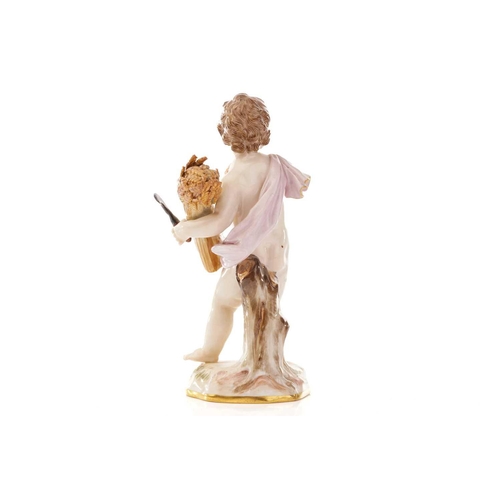 450 - Four Meissen figures, including one of two putti laying bricks, impressed 107, 9.5 cm high, another ... 