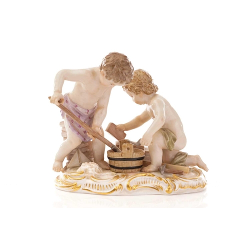 450 - Four Meissen figures, including one of two putti laying bricks, impressed 107, 9.5 cm high, another ... 