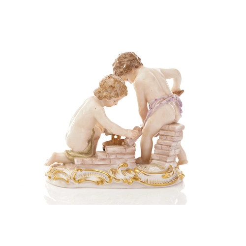 450 - Four Meissen figures, including one of two putti laying bricks, impressed 107, 9.5 cm high, another ... 