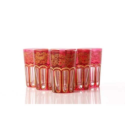 454 - A set of six St Louis red crystal glass Rabat design tea tumblers, with original box and tissue pape... 