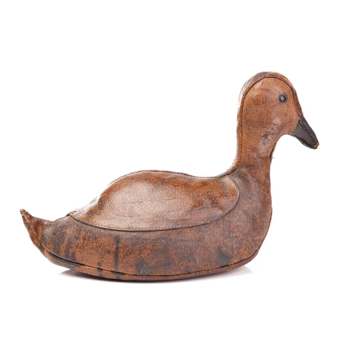 463 - A leather duck form doorstop by Dimitri Omersa for Liberty's, with painted black bill and black lacq... 