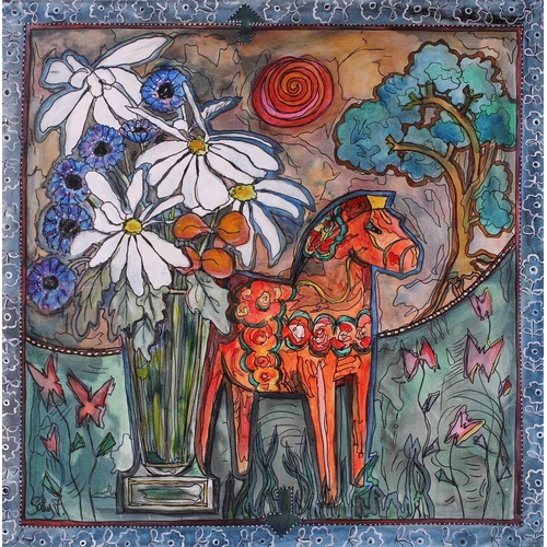 48 - † Sally Vaughan, Vase of Flowers and model horse, signed Sally V., acrylic on canvas, unframed, 70 x... 