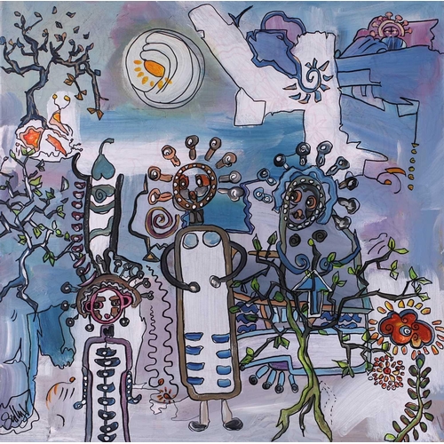 49 - † Sally Vaughan, Abstract flowers and buildings in white and blue, signed Sally V., pen and acrylic ... 