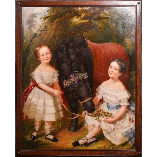 50 - 19th century British School, two girls and a black pony with a garland of flowers, unsigned, oil on ... 