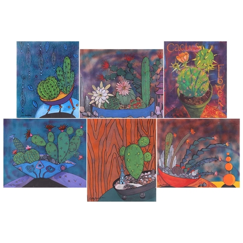 52 - † Sally Vaughan, Four studies of Cacti, each signed, acrylic on board, 61 x 51 cm, and two similar w... 