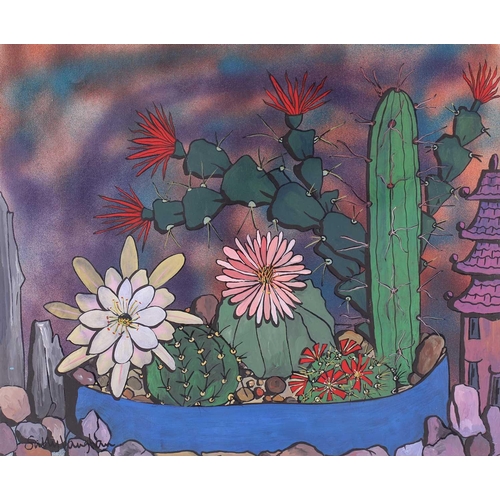 52 - † Sally Vaughan, Four studies of Cacti, each signed, acrylic on board, 61 x 51 cm, and two similar w... 