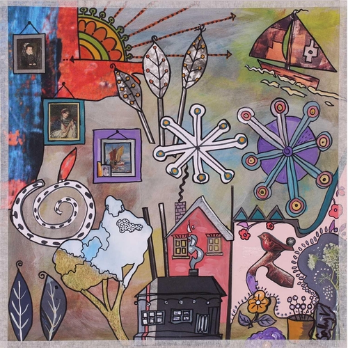 56 - † Sally Vaughan, Abstract with flowers, figures and animals - a matched set of six, five signed Sall... 