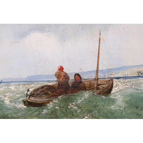 61 - 19th century English school, Fishing smacks on a stormy sea, under grey clouds, unsigned, oil on can... 