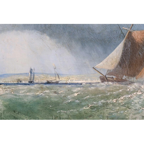 61 - 19th century English school, Fishing smacks on a stormy sea, under grey clouds, unsigned, oil on can... 