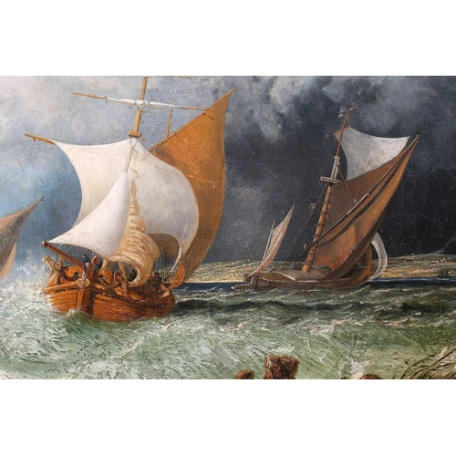 61 - 19th century English school, Fishing smacks on a stormy sea, under grey clouds, unsigned, oil on can... 