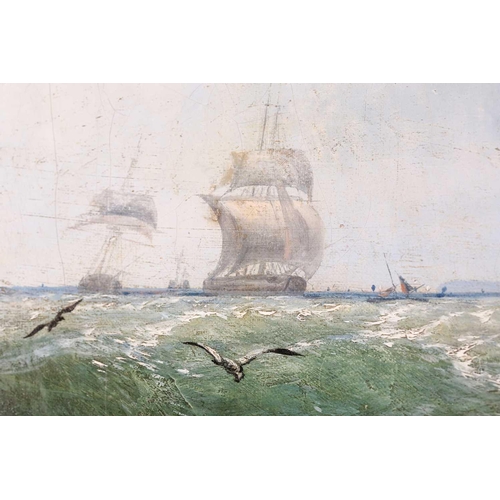 61 - 19th century English school, Fishing smacks on a stormy sea, under grey clouds, unsigned, oil on can... 