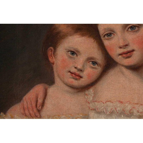 63 - Early 19th British School, Half-length portrait of two children, oil on relined canvas, 31 cm x 27 c... 