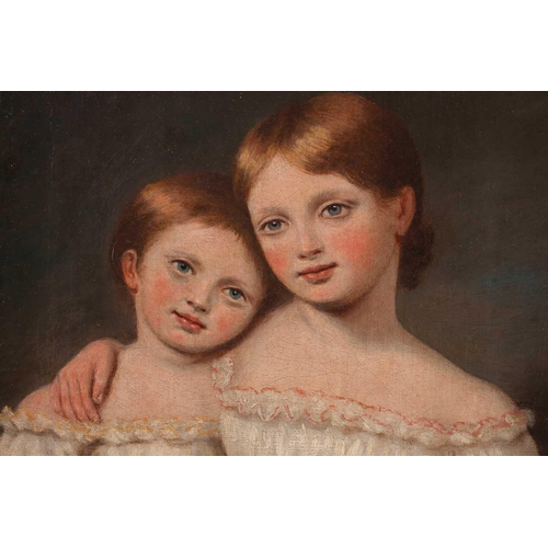 63 - Early 19th British School, Half-length portrait of two children, oil on relined canvas, 31 cm x 27 c... 