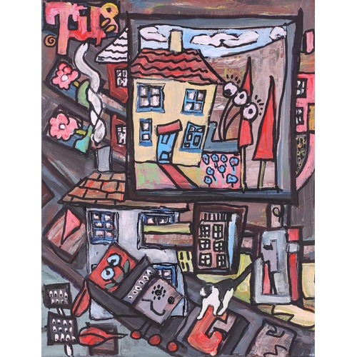 76 - † Sally Vaughan, Abstract houses, unsigned, mixed media, unframed, 46 x 36 cm; Abstract vases, signe... 