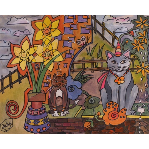 84 - † Sally Vaughan, Cats in a garden with daffodils, signed Sally V. acrylic on board, 40.5 x 51 cm, an... 