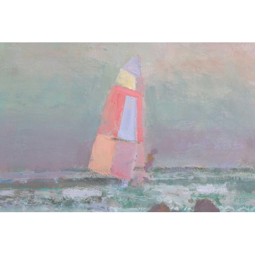 86 - † Fred Cuming (1930 - 2022), 'Windsurfers', signed, oil on board, framed, 90 cm x 90 cm