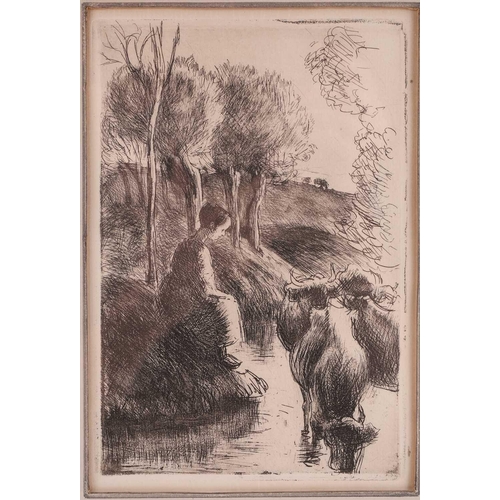 88 - Camille Pissarro (1830 – 1903), Vachere au bord de l’eau, original etching, published in the Gazette... 