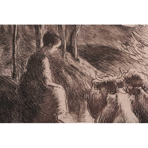 88 - Camille Pissarro (1830 – 1903), Vachere au bord de l’eau, original etching, published in the Gazette... 