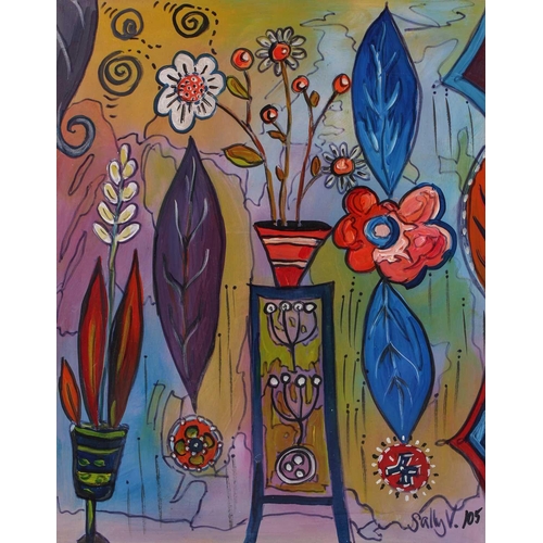 9 - † Sally Vaughan, Interior with flowers, signed Sally V. 105, acrylic on board, 40.5 x 50 cm, and thr... 