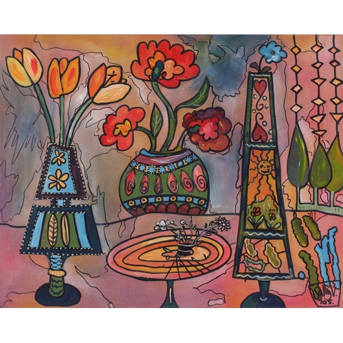 9 - † Sally Vaughan, Interior with flowers, signed Sally V. 105, acrylic on board, 40.5 x 50 cm, and thr... 