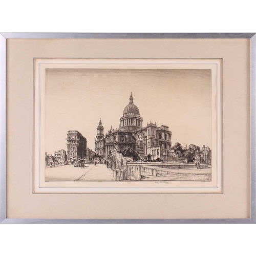 97 - Sir Henry Rushbury St Pauls from Cannon Street, 1942, etching, signed in pencil in the margins and s... 