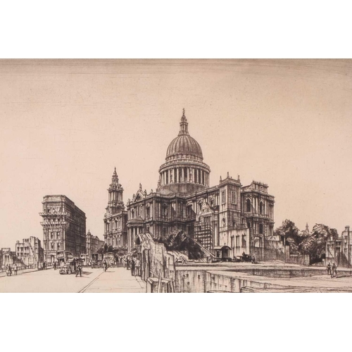 97 - Sir Henry Rushbury St Pauls from Cannon Street, 1942, etching, signed in pencil in the margins and s... 