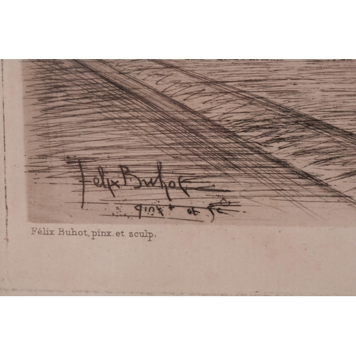 151 - Felix Buhot (1847 – 1898), Une Matinee D’Hiver Au Quai de L’Hotel Dieu, signed within the plate, Bou... 