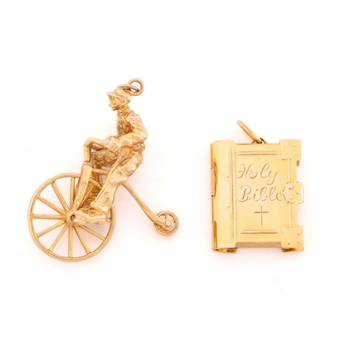 110 - A miscellaneous aggregate of 9ct yellow gold items; including a charm in the form of a gentleman rid... 