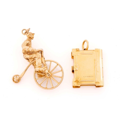 110 - A miscellaneous aggregate of 9ct yellow gold items; including a charm in the form of a gentleman rid... 