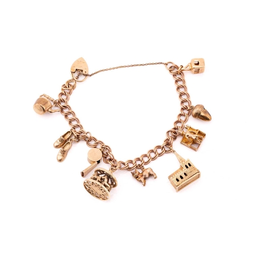 113 - A 9ct gold charm bracelet with nine assorted charms, consisting of a double curb link chain, suspend... 