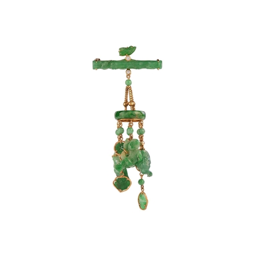 116A - A jadeite bar brooch with tassel, in the form of a cylindrical bamboo culm, embellished with diamond... 