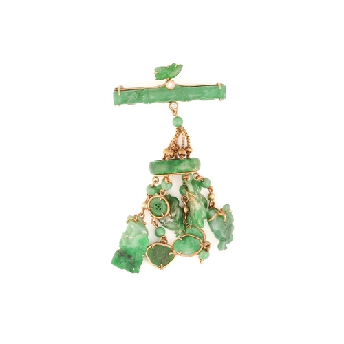 116A - A jadeite bar brooch with tassel, in the form of a cylindrical bamboo culm, embellished with diamond... 