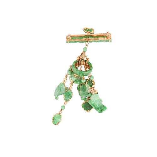 116A - A jadeite bar brooch with tassel, in the form of a cylindrical bamboo culm, embellished with diamond... 