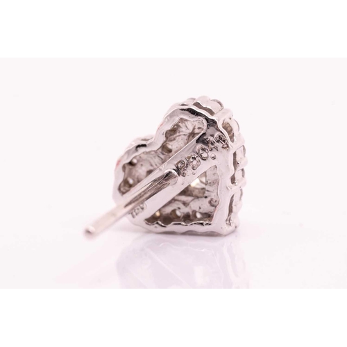 127 - A pair of heart-shaped diamond ear studs, each set with three princess cut diamonds, approximately 0... 