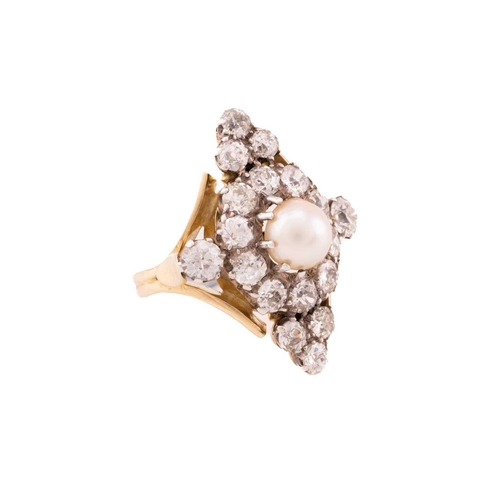 147 - A diamond and pearl cocktail ring, the lozenge panel centred with an off-round pearl of 8.0 mm with ... 