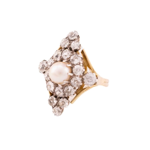 147 - A diamond and pearl cocktail ring, the lozenge panel centred with an off-round pearl of 8.0 mm with ... 