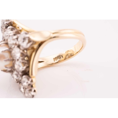 147 - A diamond and pearl cocktail ring, the lozenge panel centred with an off-round pearl of 8.0 mm with ... 