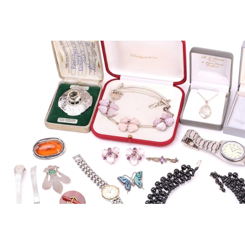 149 - A mixed quantity of silver, costume jewellery and watches, including a silver bookmark decorated wit... 