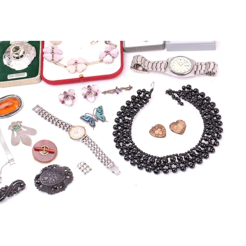 149 - A mixed quantity of silver, costume jewellery and watches, including a silver bookmark decorated wit... 