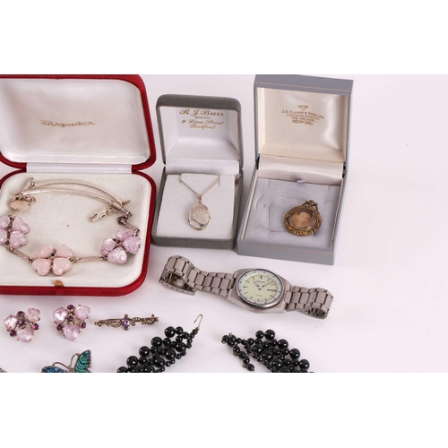 149 - A mixed quantity of silver, costume jewellery and watches, including a silver bookmark decorated wit... 